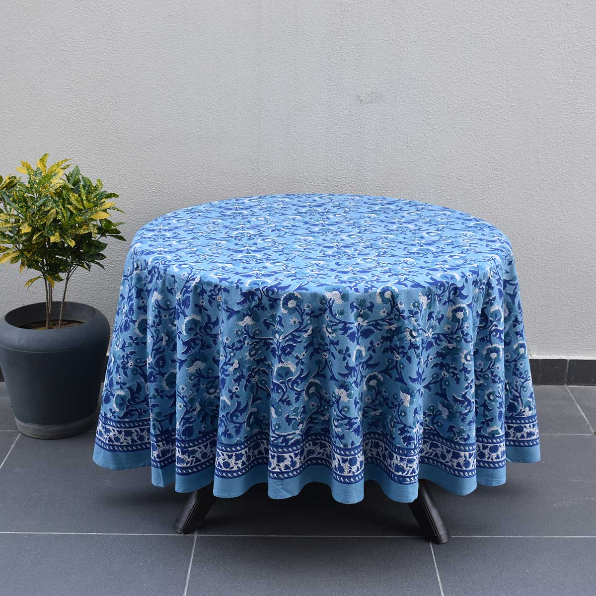 Round 220 cms Cotton French Design Table Cover  Rukhsana Blue Bell 202402
