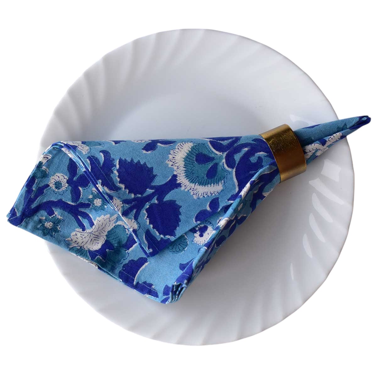 Hand Block Printed Cotton Napkin 45x45 cms Set of 4 Napkins Rukhsana Blue Bell 202402