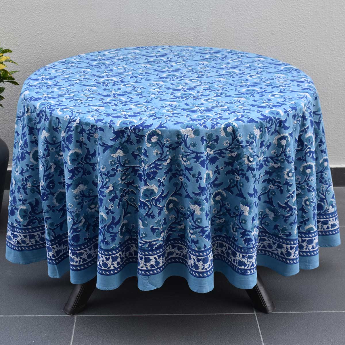 Round 220 cms Cotton French Design Table Cover  Rukhsana Blue Bell 202402