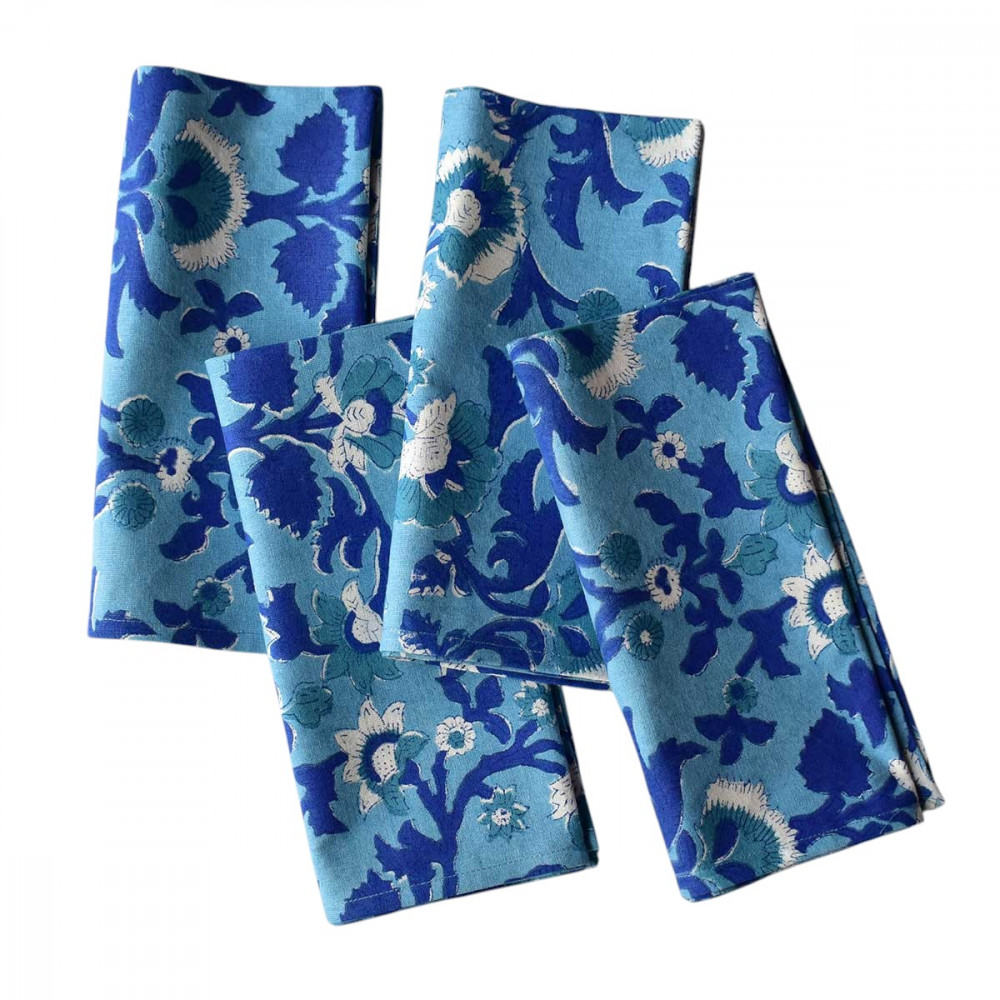 Image of Hand Block Printed Cotton Napkin 45x45 cms (Set of 4 Napkins) | Rukhsana Blue Bell 202402