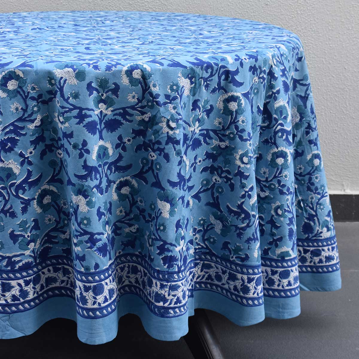 Round 220 cms Cotton French Design Table Cover Rukhsana Blue Bell 202402