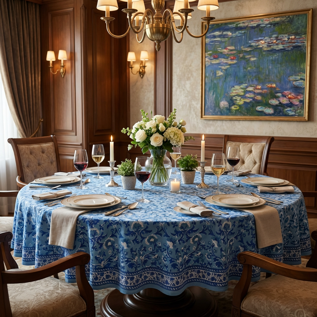 Round 220 cms Cotton French Design Table Cover Rukhsana Blue Bell 202402