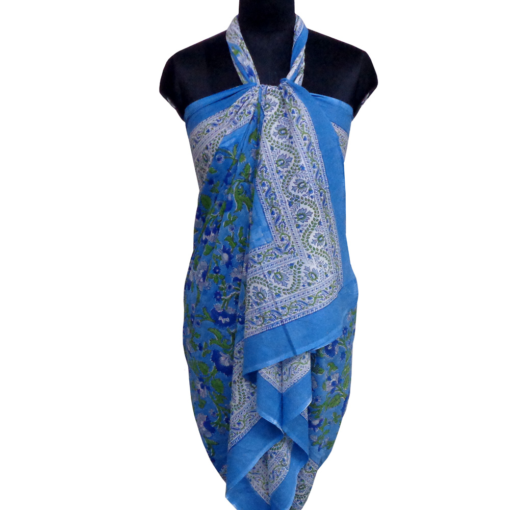 Beach Wrap Sarong Womens Swimwear Wraparound Pareo Soft Cotton Hand Block Printed Rukhsana Blue Gud 103736