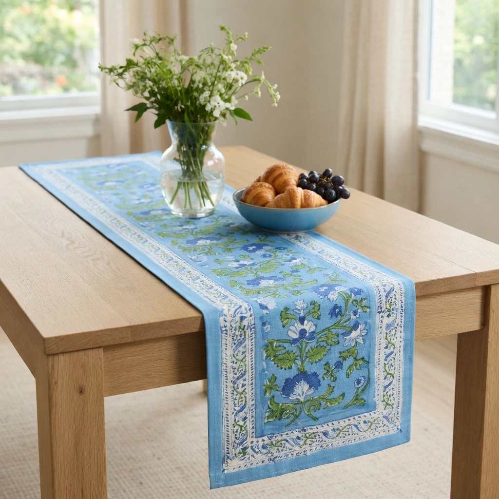 Hand Block Printed Cotton Canvas Table Runner 33x120 cms Rukhsana Blue Gud 103736