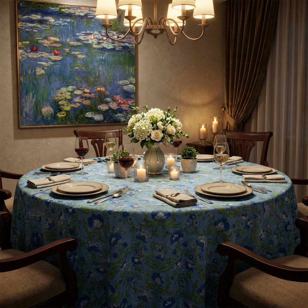 Image of Hand Block Printed Cotton Round Tablecloth 220 cms| Rukhsana Blue Gud 103736