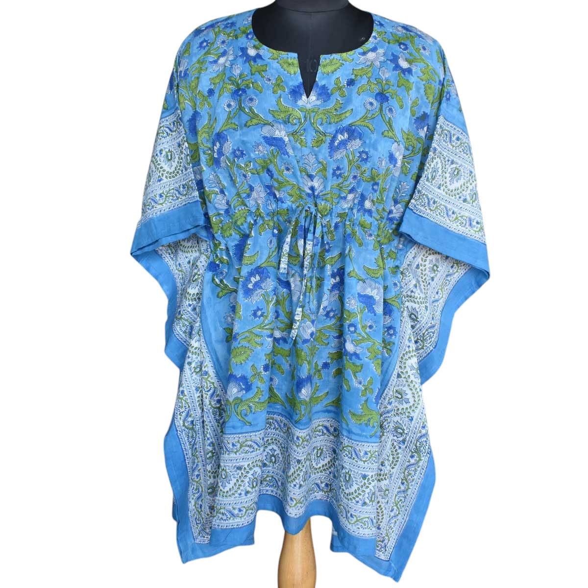 String Kaftan Free Size Indian Block Printed on Soft Cotton Voile Rukhsana Blue Gud 103736