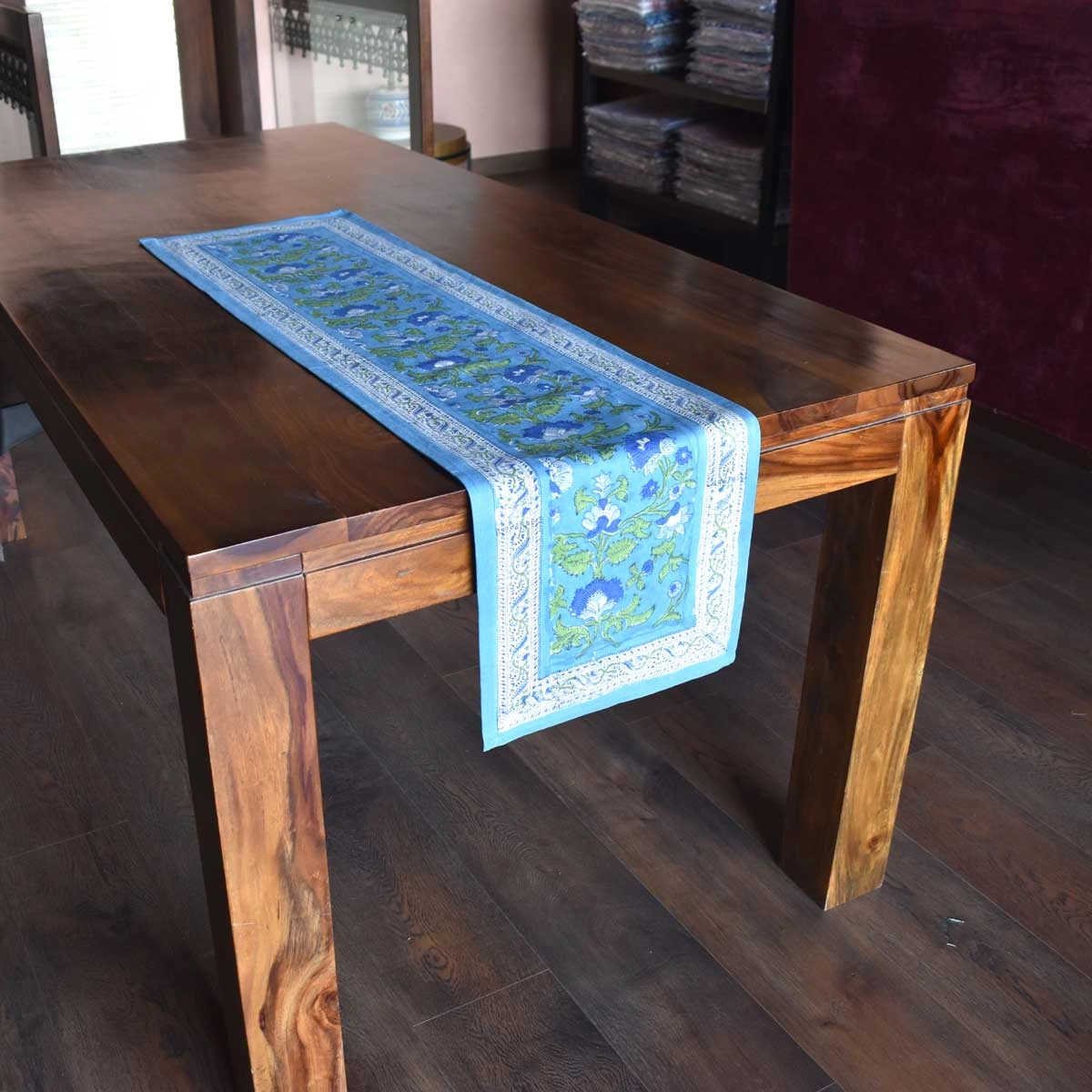 Hand Block Printed Cotton Canvas Table Runner 33x120 cms Rukhsana Blue Gud 103736