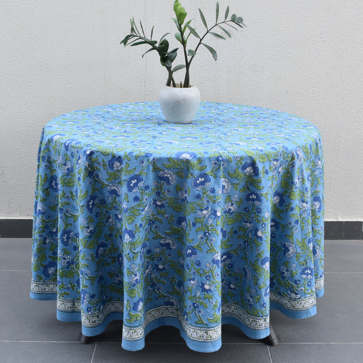 Hand Block Printed Cotton Round Tablecloth 220 cms Rukhsana Blue Gud 103736