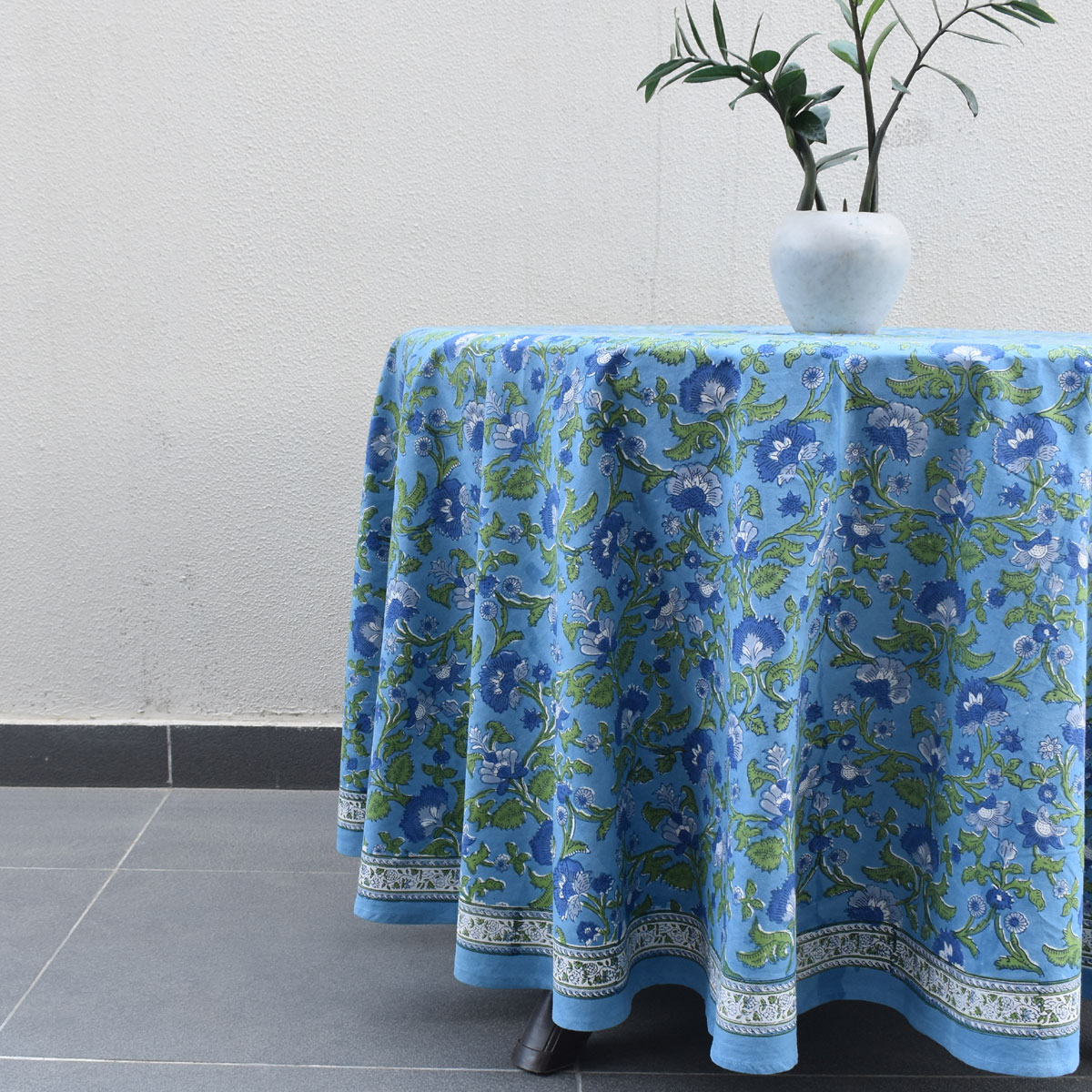 Hand Block Printed Cotton Round Tablecloth 220 cms Rukhsana Blue Gud 103736