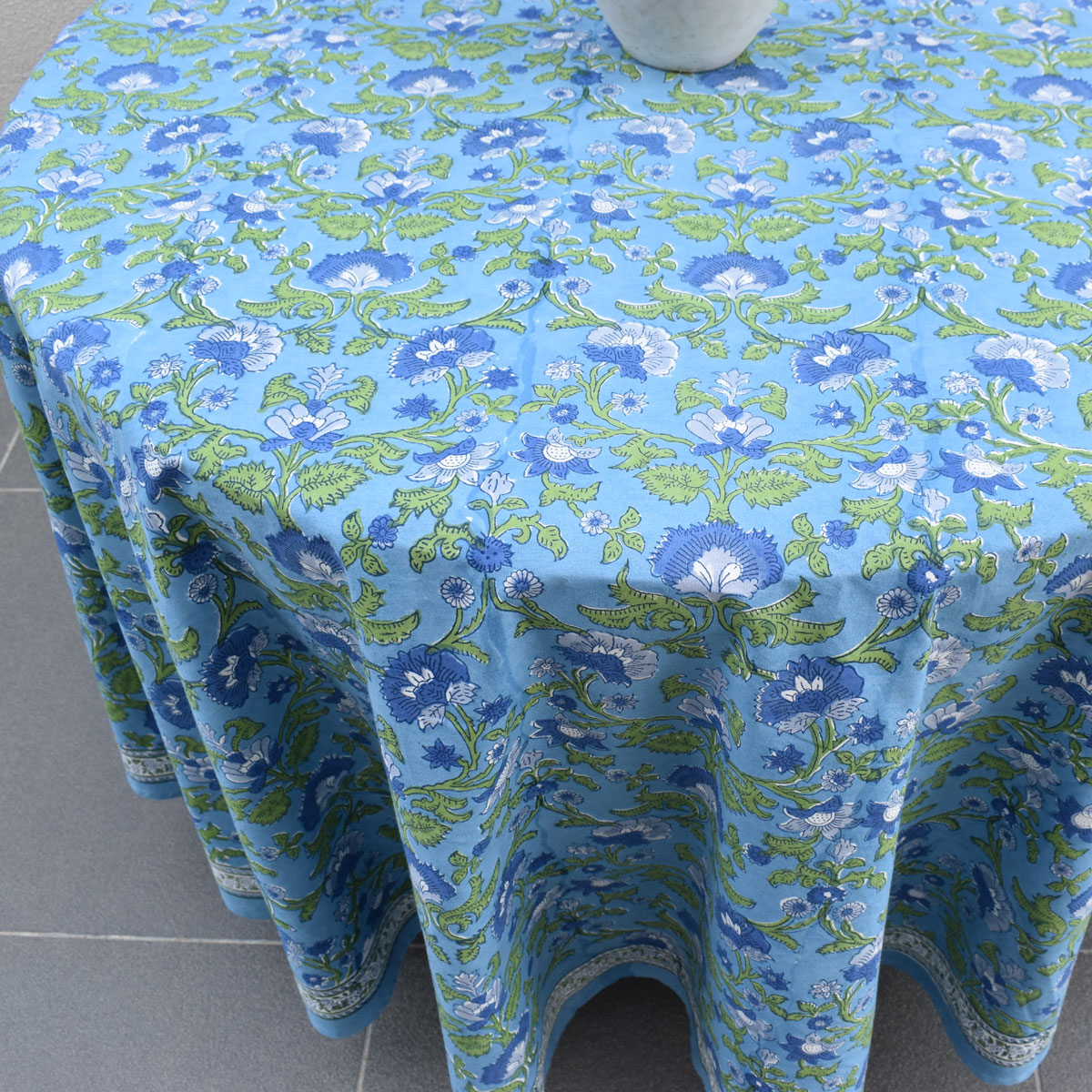 Hand Block Printed Cotton Round Tablecloth 220 cms Rukhsana Blue Gud 103736
