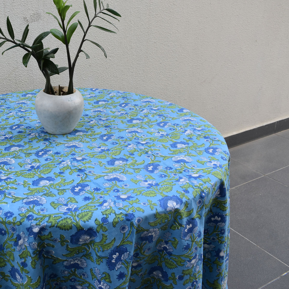 Hand Block Printed Cotton Round Tablecloth 220 cms Rukhsana Blue Gud 103736