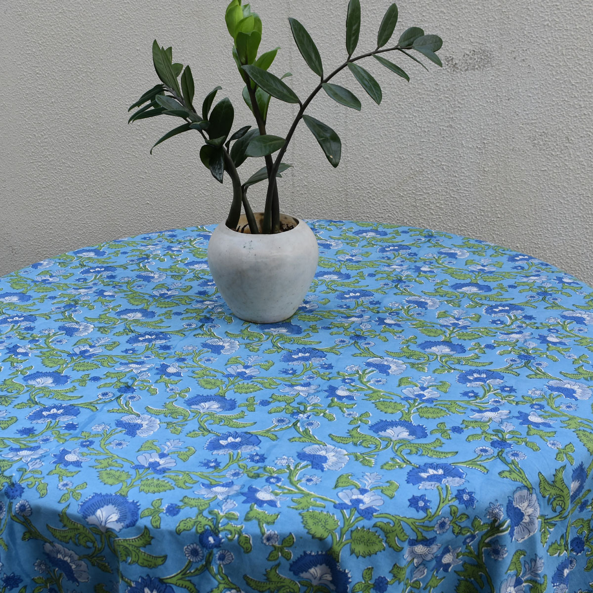 Hand Block Printed Cotton Round Tablecloth 220 cms Rukhsana Blue Gud 103736