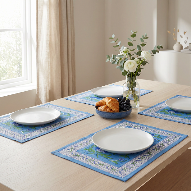 Hand Block Printed Cotton Canvas Table Mat 32x48 cms Set of 2 Table mats Rukhsana Blue Gud 103736