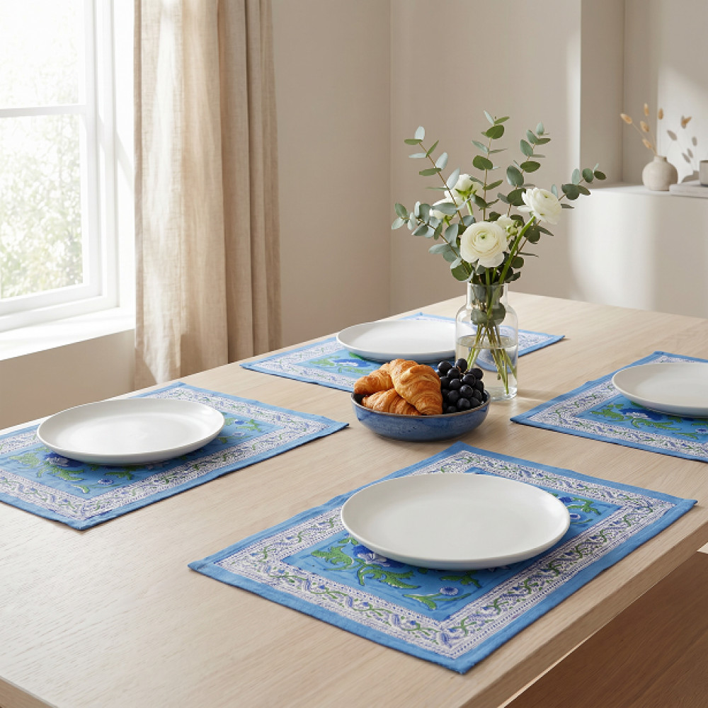 Image of Hand Block Printed Cotton Canvas Table Mat 32x48 cms (Set of 2 Table mats) | Rukhsana Blue Gud 103736