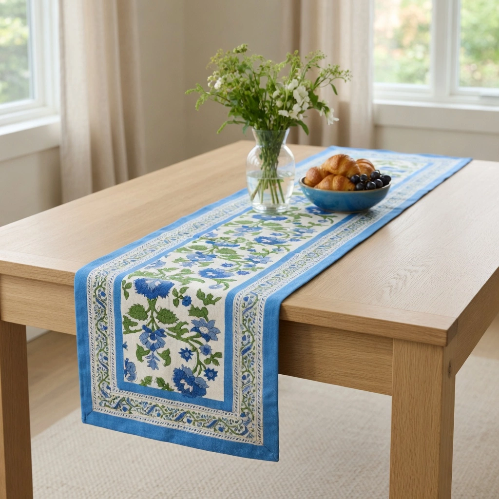 Hand Block Printed Cotton Canvas Table Runner 33x120 cms Rukhsana Blue Open 103619