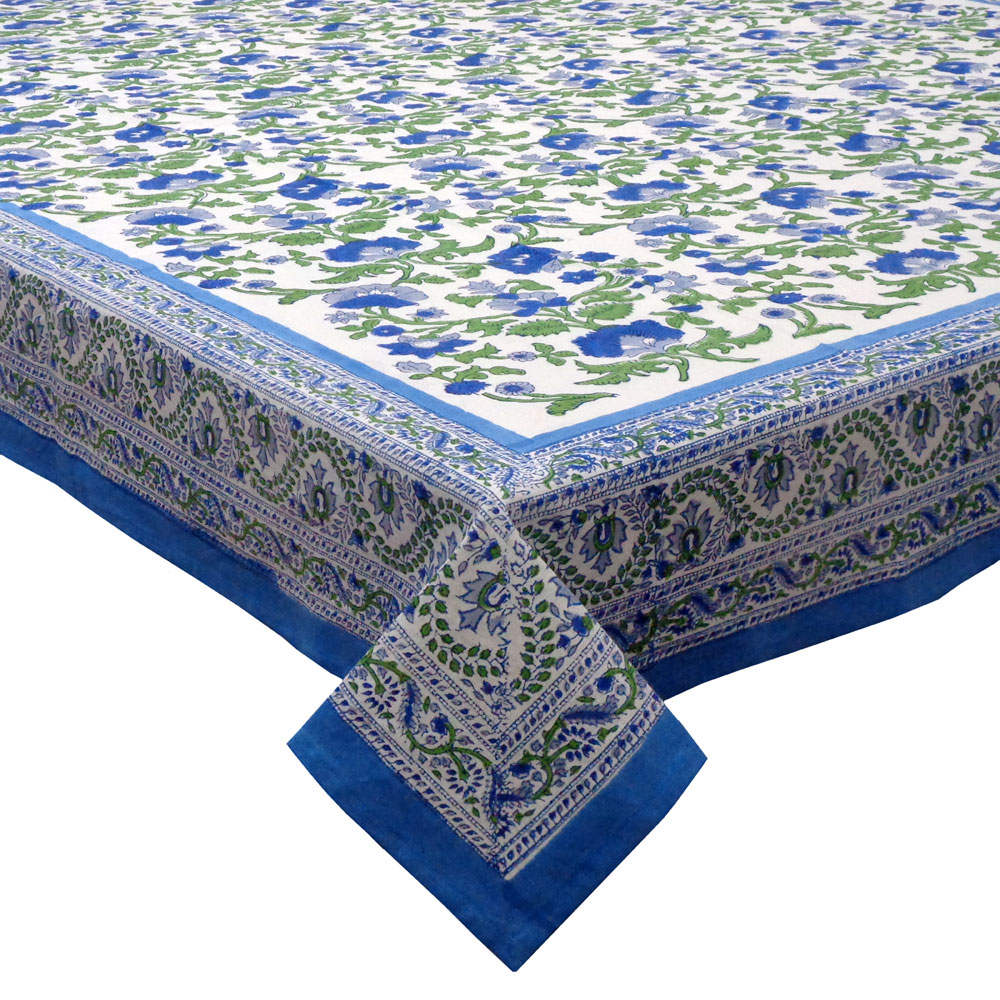 Hand Block Printed Cotton Tablecloth 180x270 cms Rukhsana Blue Open 103619