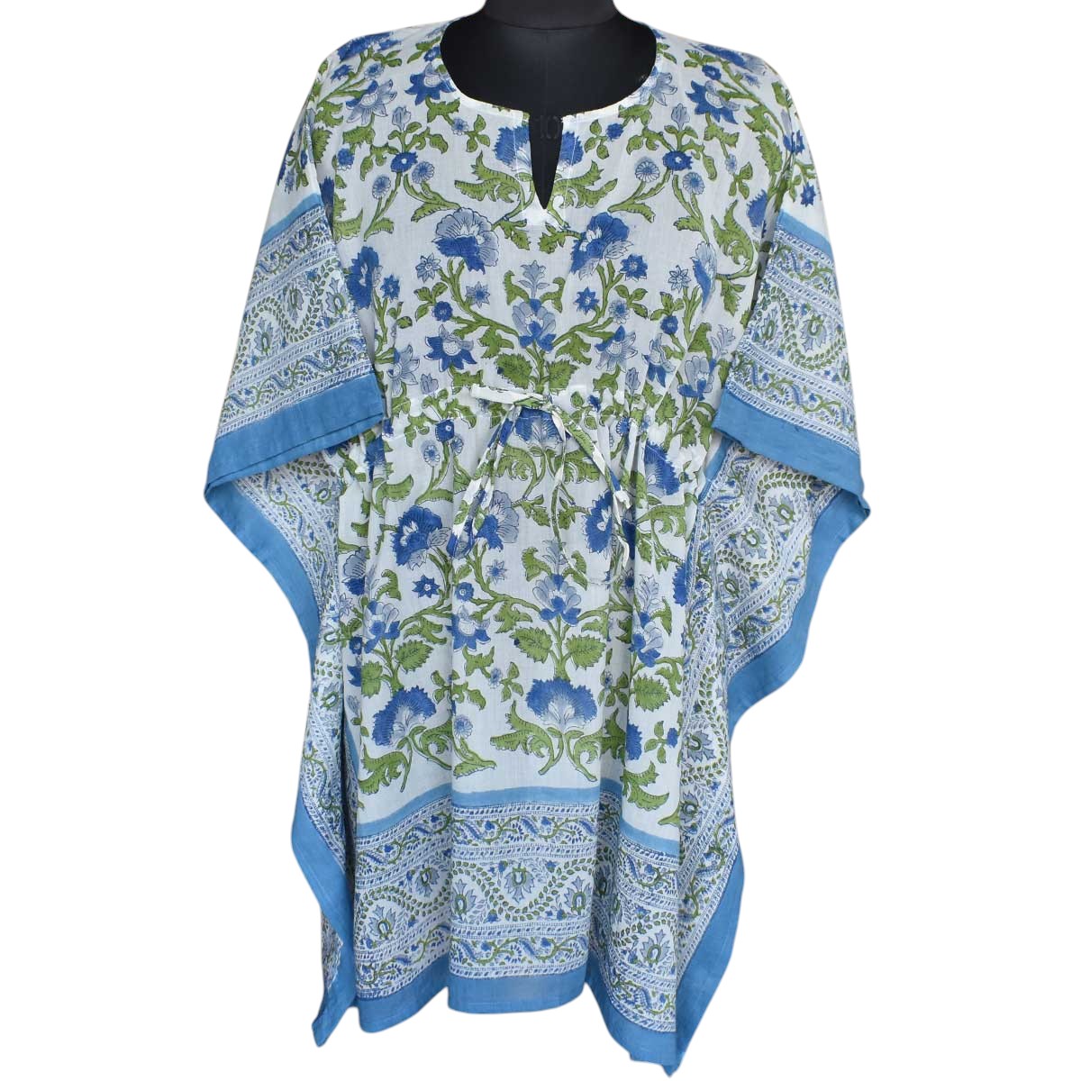 String Kaftan Free Size Indian Block Printed on Soft Cotton Voile Rukhsana Blue Open 103619