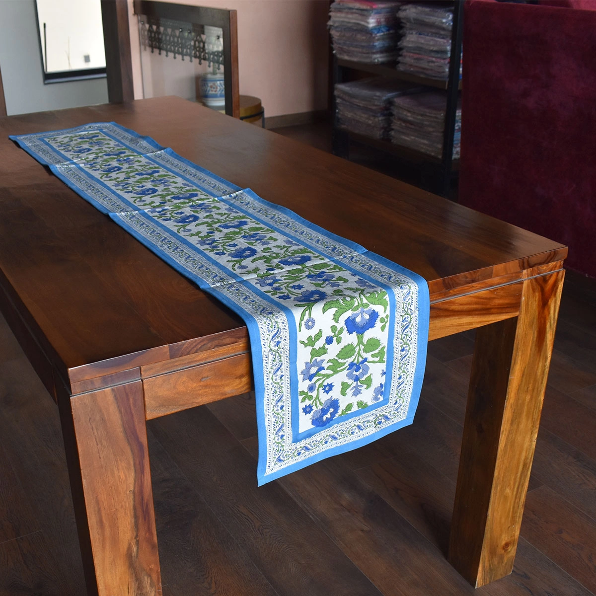 Hand Block Printed Cotton Canvas Table Runner 33x170 cms Rukhsana Blue Open 103619