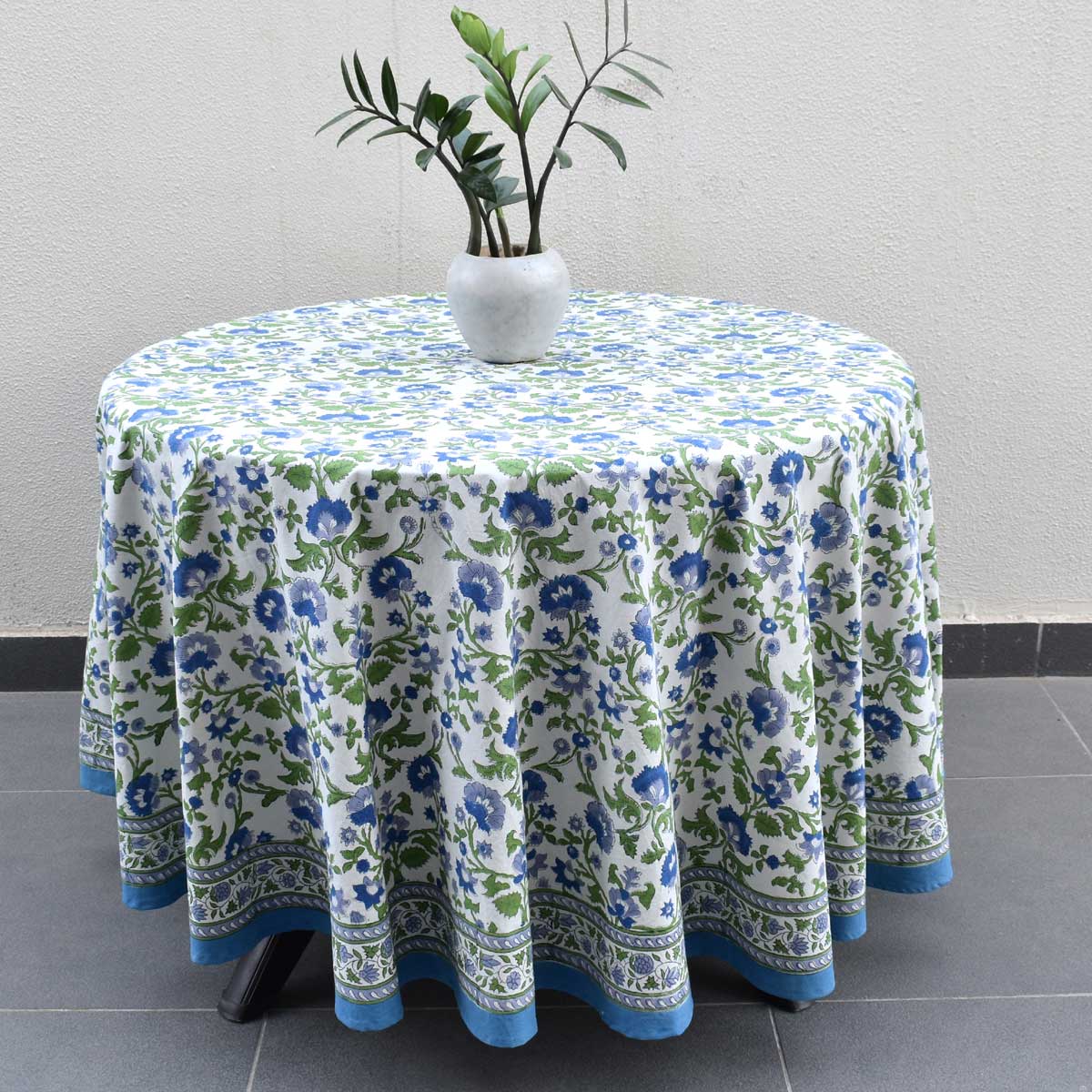 Hand Block Printed Cotton Round Tablecloth 180 cms Rukhsana Blue Open 103619