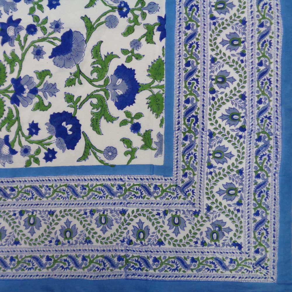 Hand Block Printed Cotton Tablecloth 180x340 cms Rukhsana Blue Open 103619