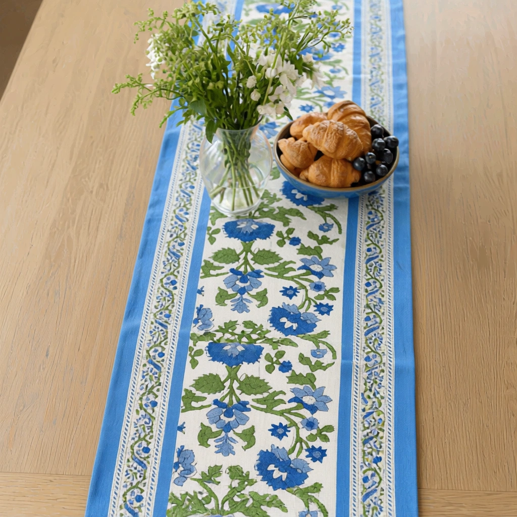 Hand Block Printed Cotton Canvas Table Runner 33x120 cms Rukhsana Blue Open 103619