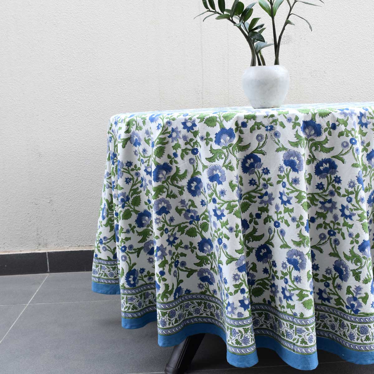Hand Block Printed Cotton Round Tablecloth 180 cms Rukhsana Blue Open 103619