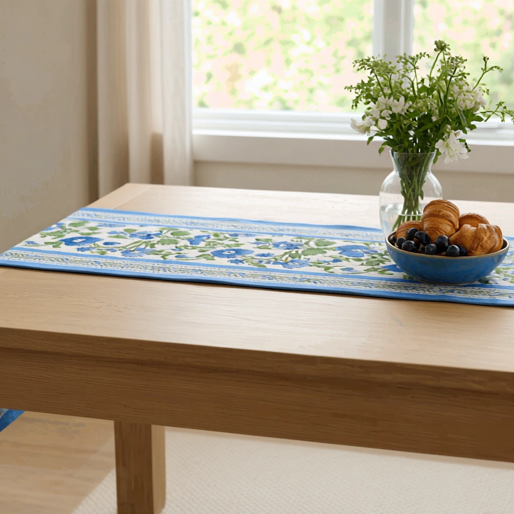 Hand Block Printed Cotton Canvas Table Runner 33x170 cms Rukhsana Blue Open 103619