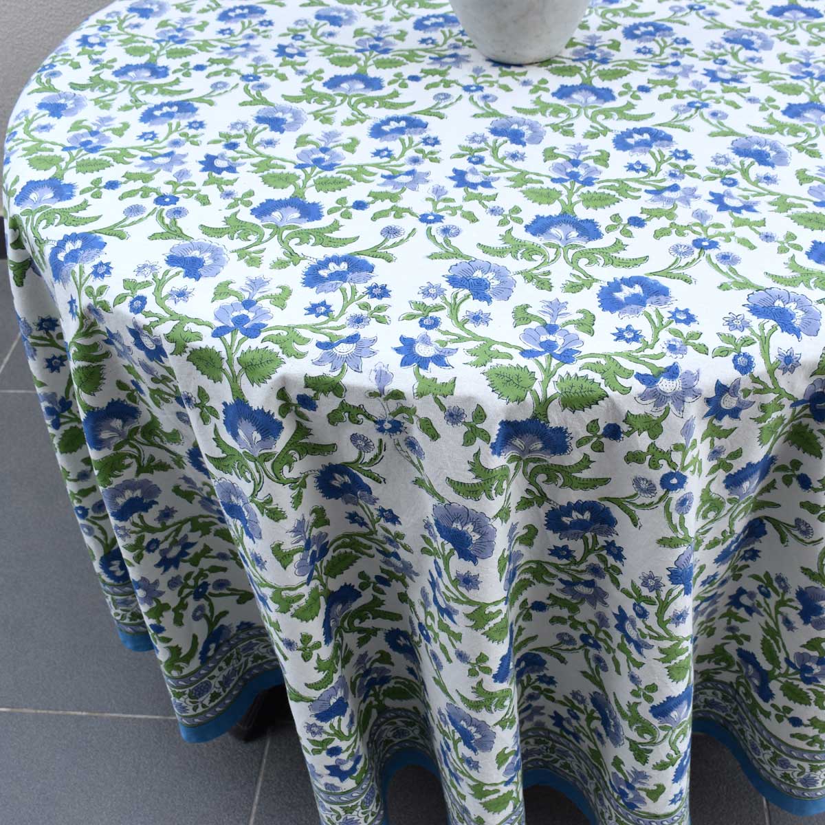 Hand Block Printed Cotton Round Tablecloth 180 cms Rukhsana Blue Open 103619