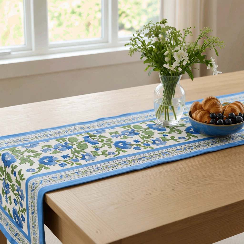 Hand Block Printed Cotton Canvas Table Runner 33x120 cms Rukhsana Blue Open 103619