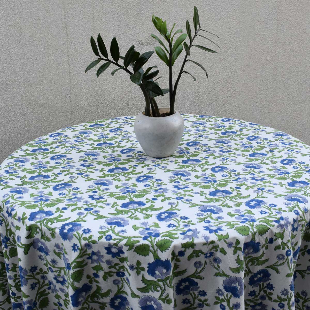 Hand Block Printed Cotton Round Tablecloth 180 cms Rukhsana Blue Open 103619
