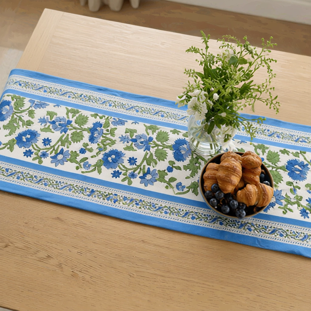 Hand Block Printed Cotton Canvas Table Runner 33x120 cms Rukhsana Blue Open 103619