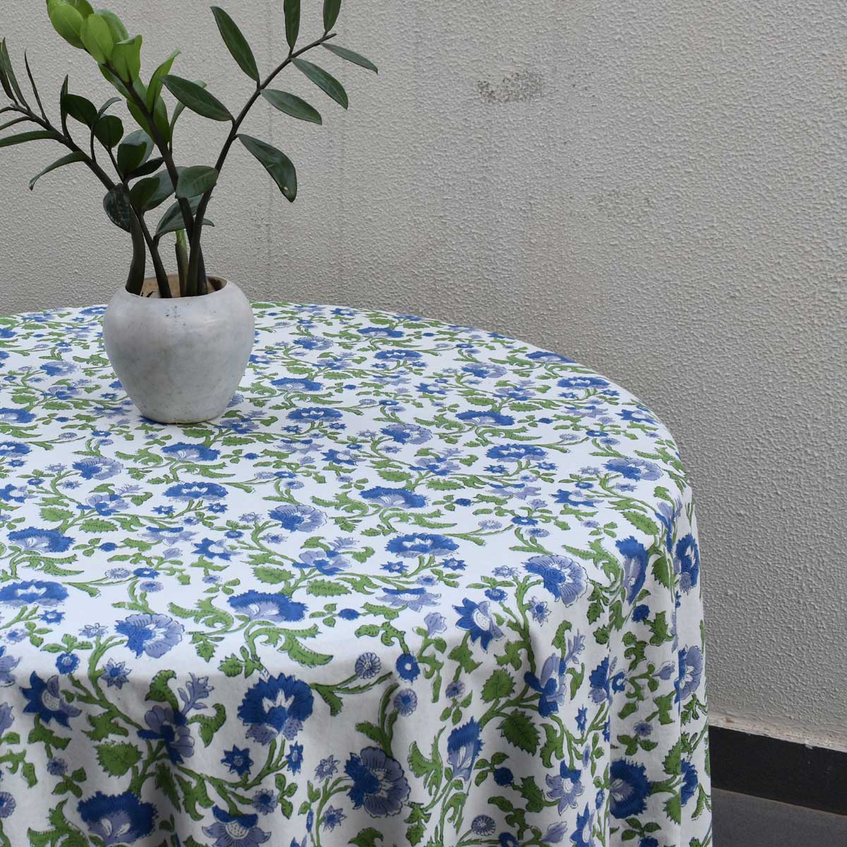 Hand Block Printed Cotton Round Tablecloth 180 cms Rukhsana Blue Open 103619