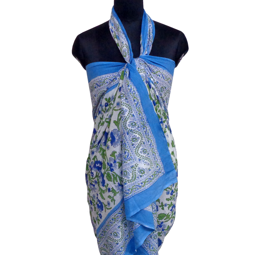 Beach Wrap Sarong Womens Swimwear Wraparound Pareo Soft Cotton Hand Block Printed Rukhsana Blue Open 103619