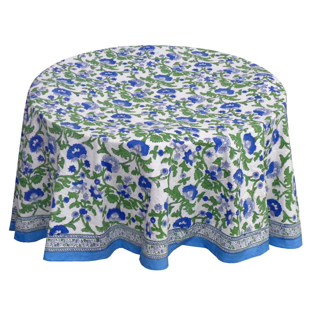 Hand Block Printed Cotton Round Tablecloth 220 cms Rukhsana Blue Open 103619