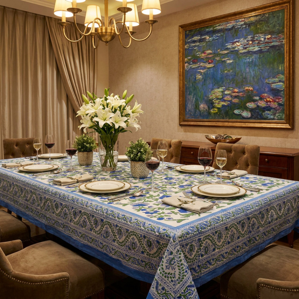 Image of Hand Block Printed Cotton Tablecloth 180x340 cms | Rukhsana Blue Open 103619