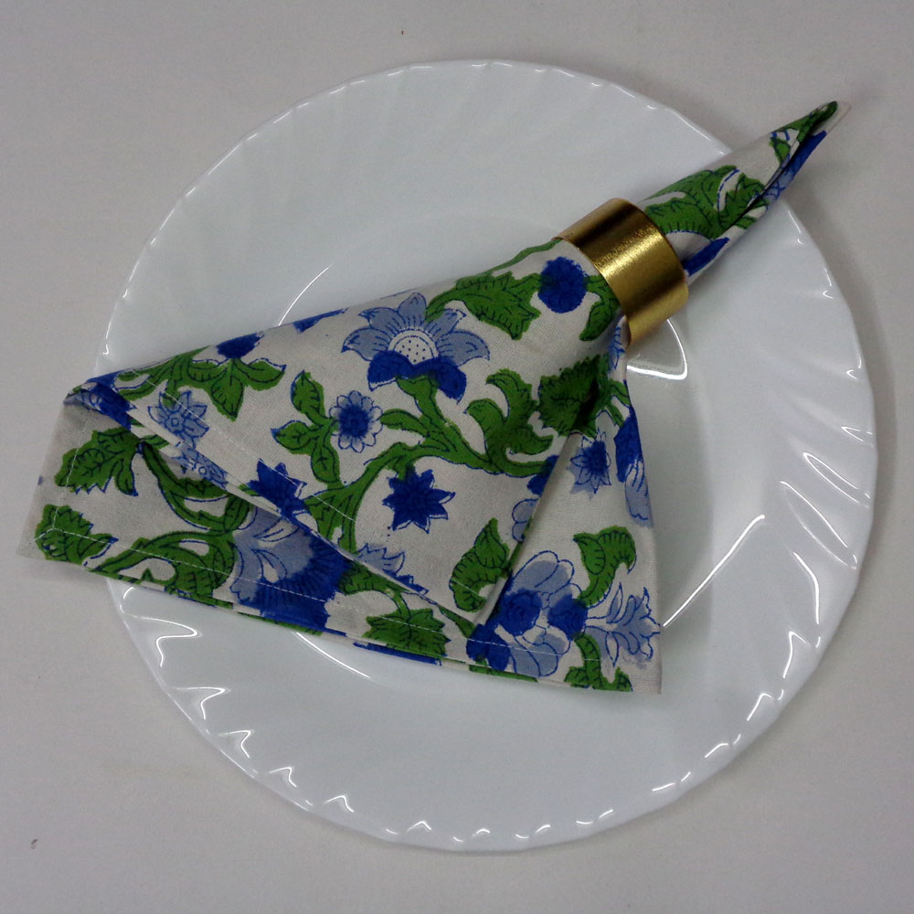 Hand Block Printed Cotton Napkin 45x45 cms Set of 4 Napkins Rukhsana Blue Open 103619