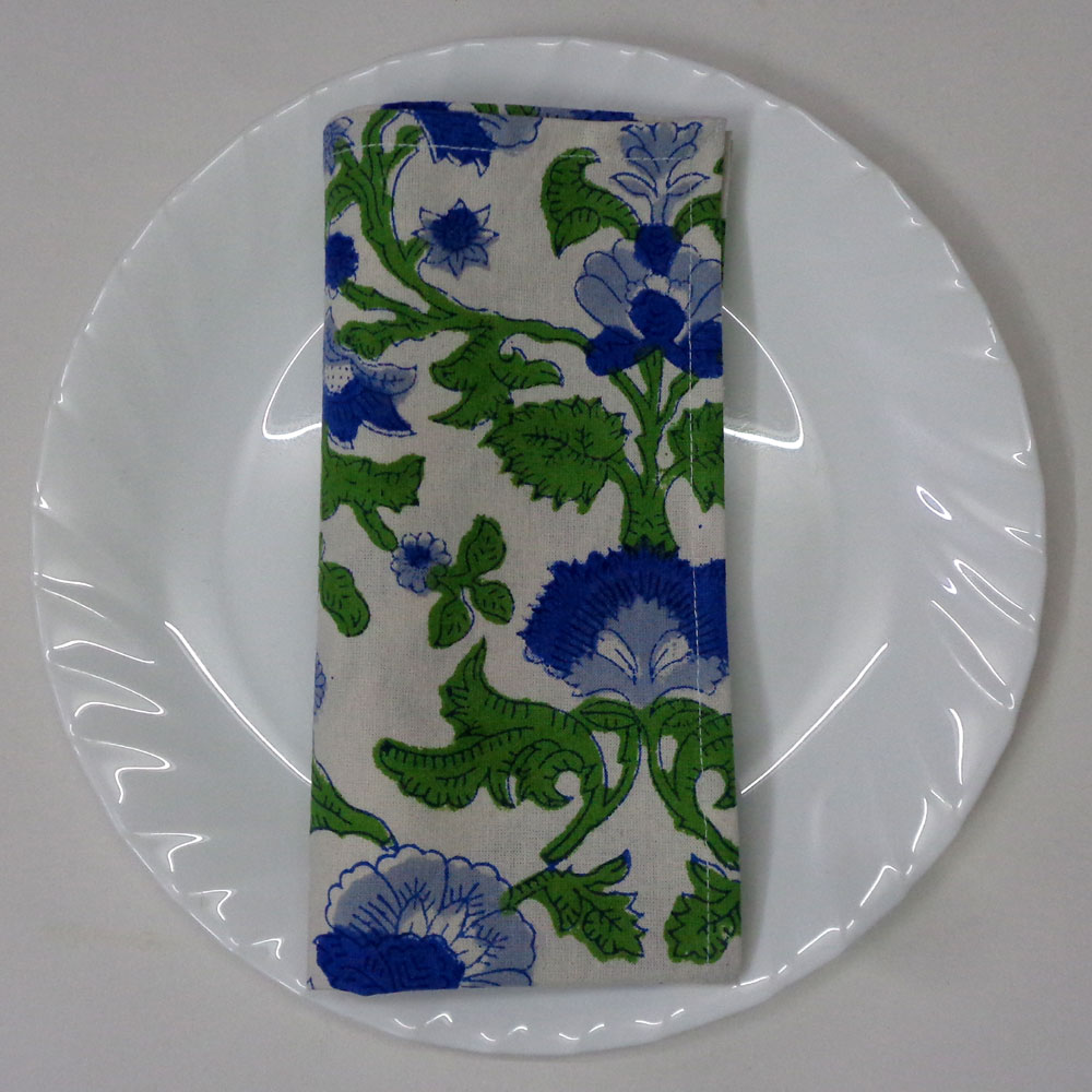 Hand Block Printed Cotton Napkin 45x45 cms Set of 4 Napkins Rukhsana Blue Open 103619