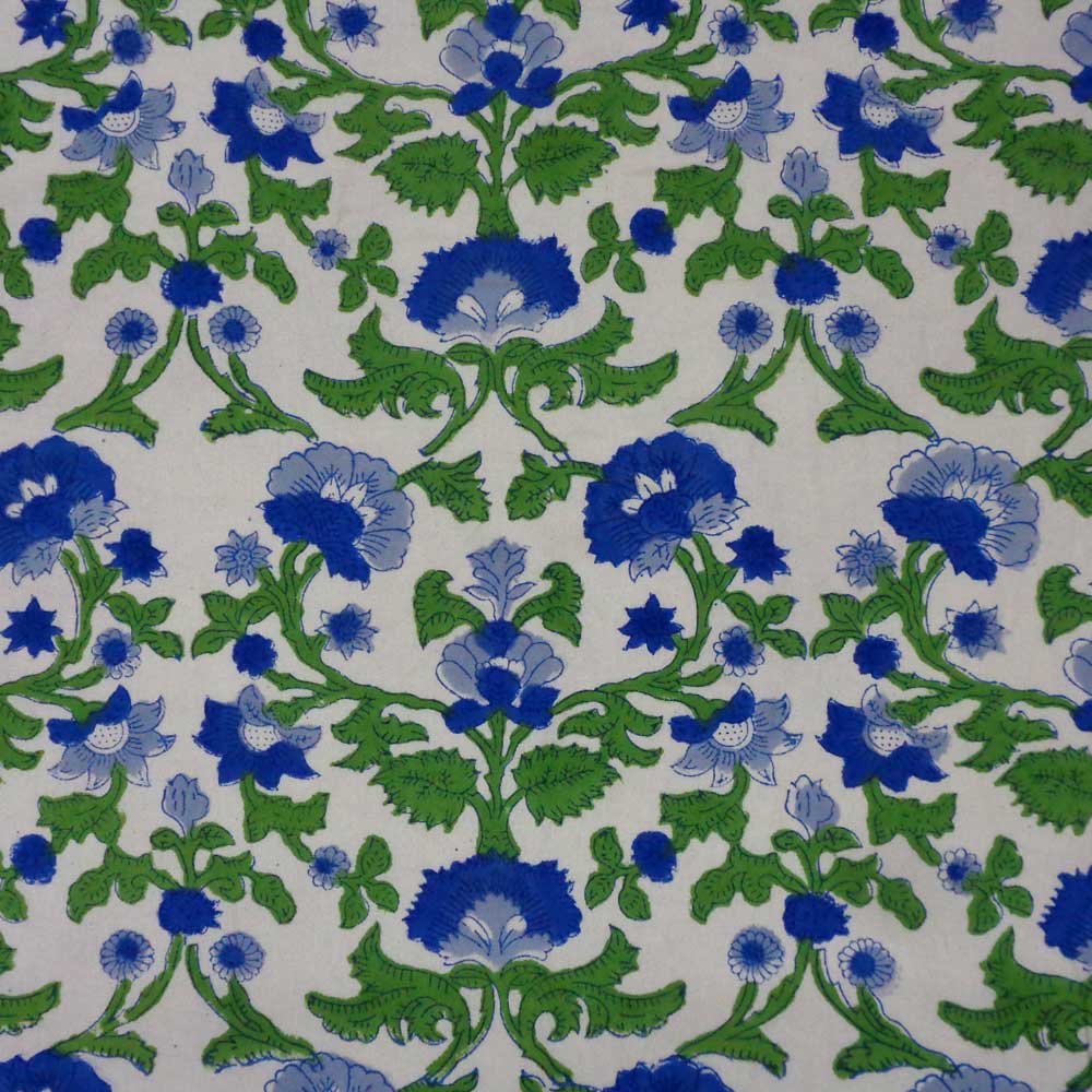 Hand Block Printed on 100 Cotton 5 Yard  Fabric SANGANER  Rukhsana Blue Open 103619