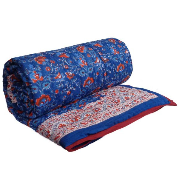Hand Block Printed Cotton Quilt King Size Rukhsana Dazzling Blue 906787