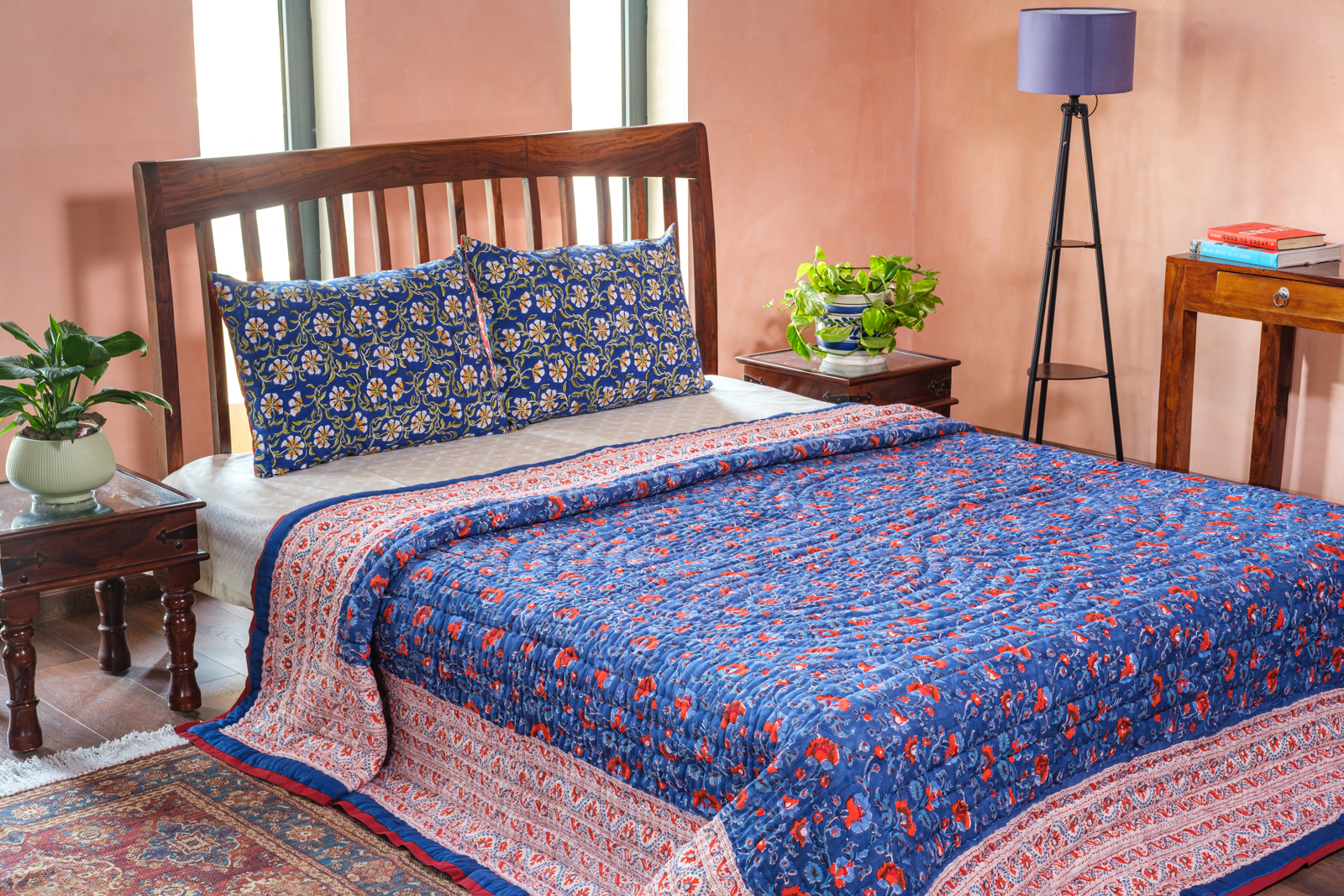 Hand Block Printed Cotton Quilt King Size Rukhsana Dazzling Blue 906787