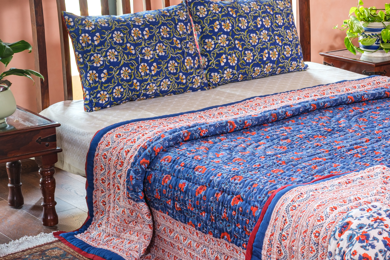 Hand Block Printed Cotton Quilt King Size Rukhsana Dazzling Blue 906787