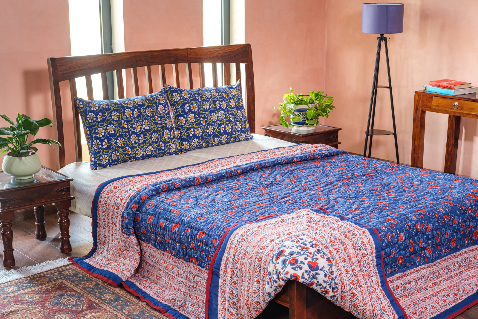 Hand Block Printed Cotton Quilt King Size Rukhsana Dazzling Blue 906787