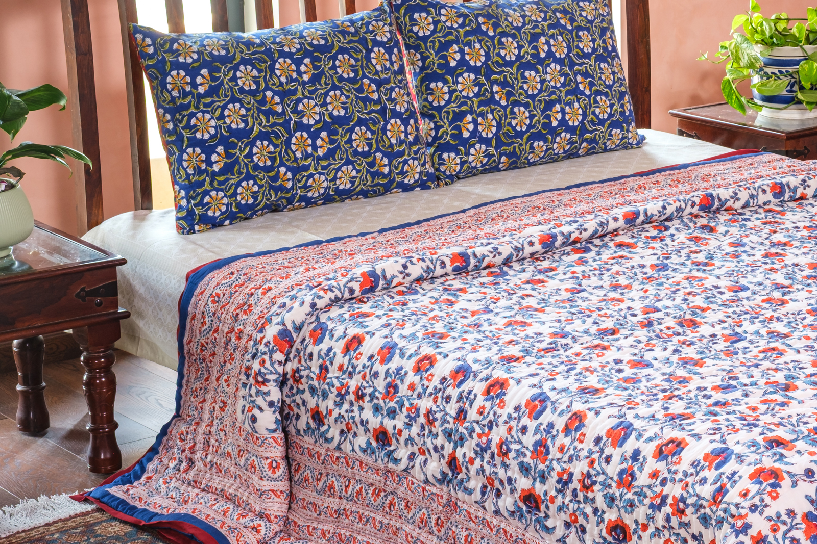 Hand Block Printed Cotton Quilt King Size Rukhsana Dazzling Blue 906787