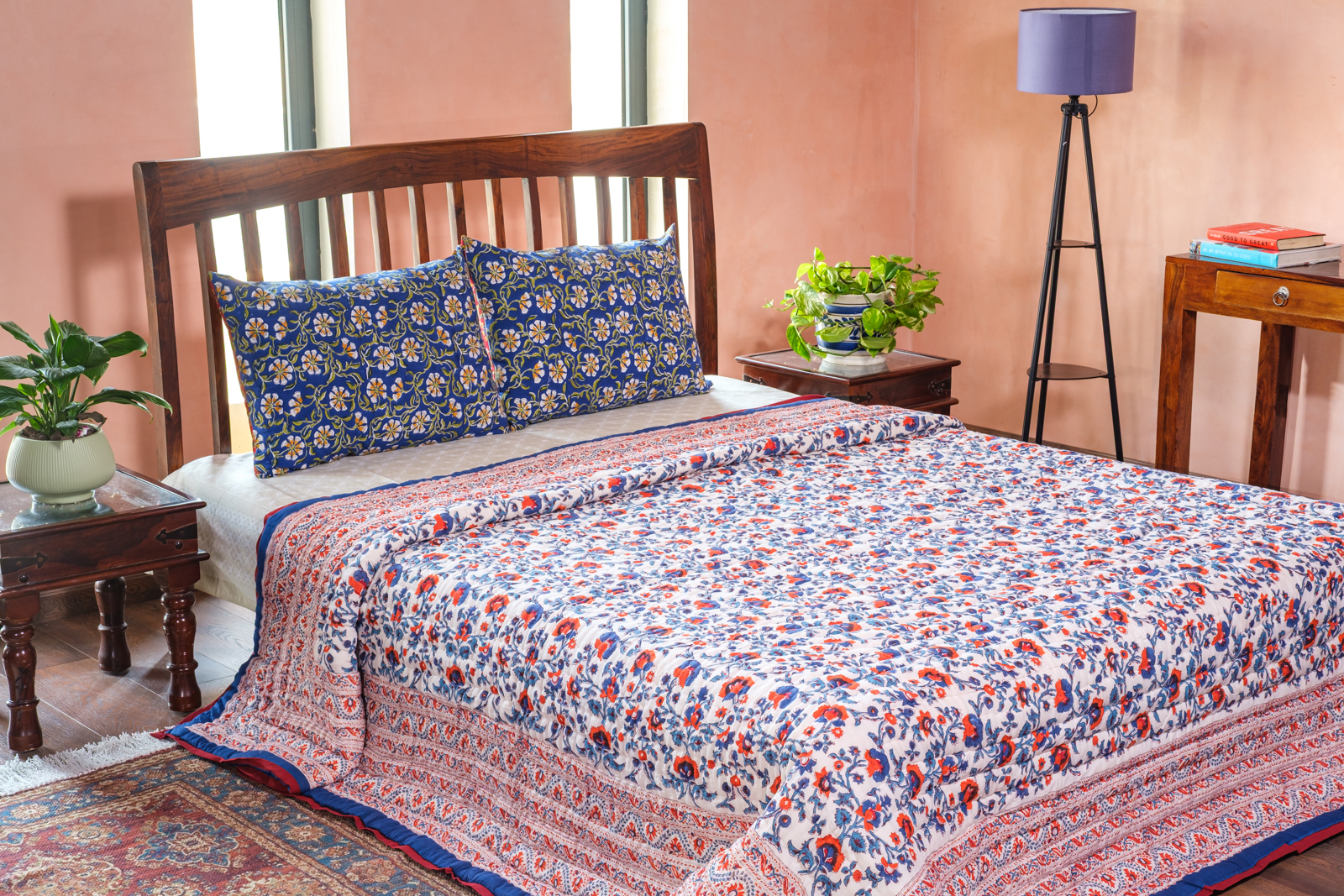 Hand Block Printed Cotton Quilt King Size Rukhsana Dazzling Blue 906787