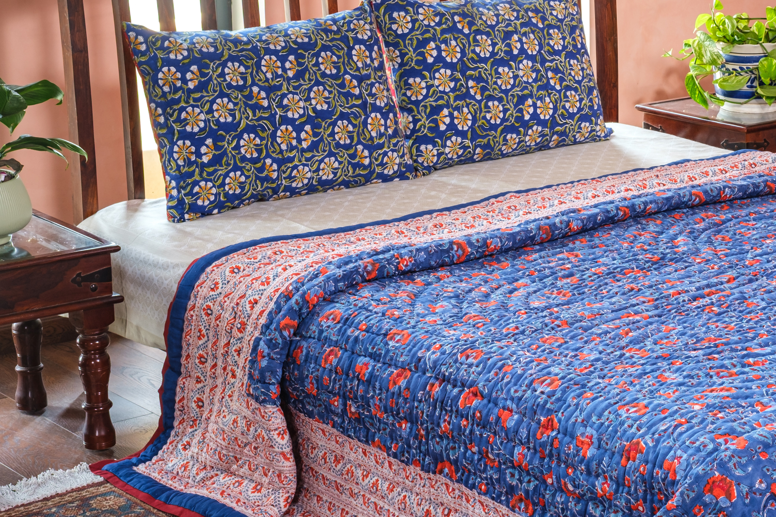 Hand Block Printed Cotton Quilt King Size Rukhsana Dazzling Blue 906787