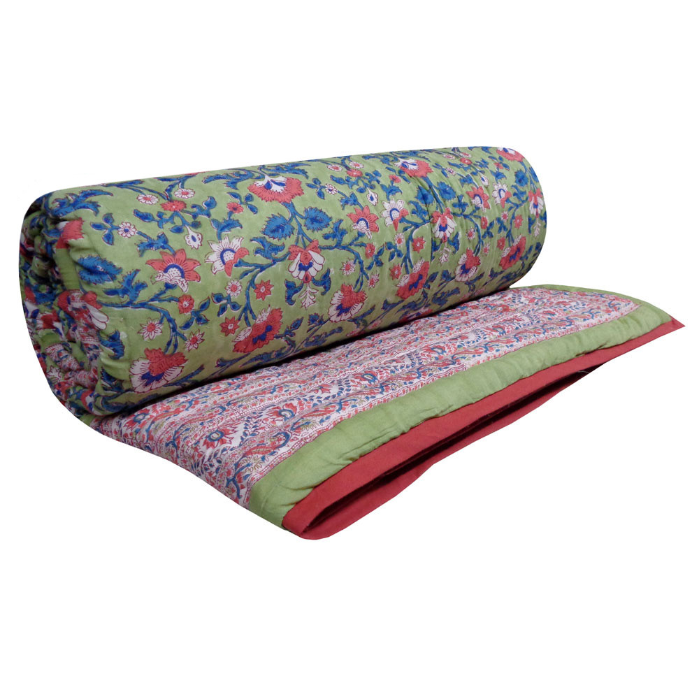 Hand Block Printed Cotton Queen Size Quilt Rukhsana Jade Gud 204222