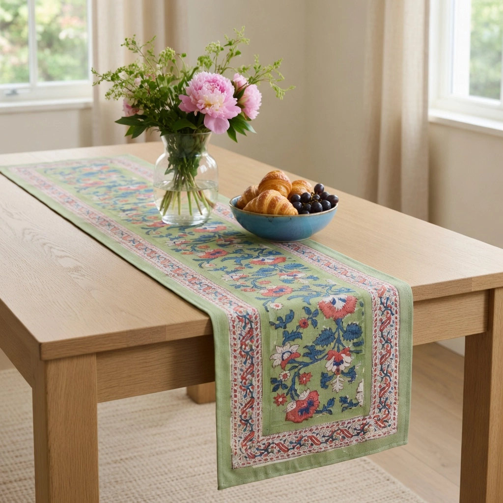 Hand Block Printed Cotton Canvas Table Runner 33x120 cms Rukhsana Jade Gud 204222