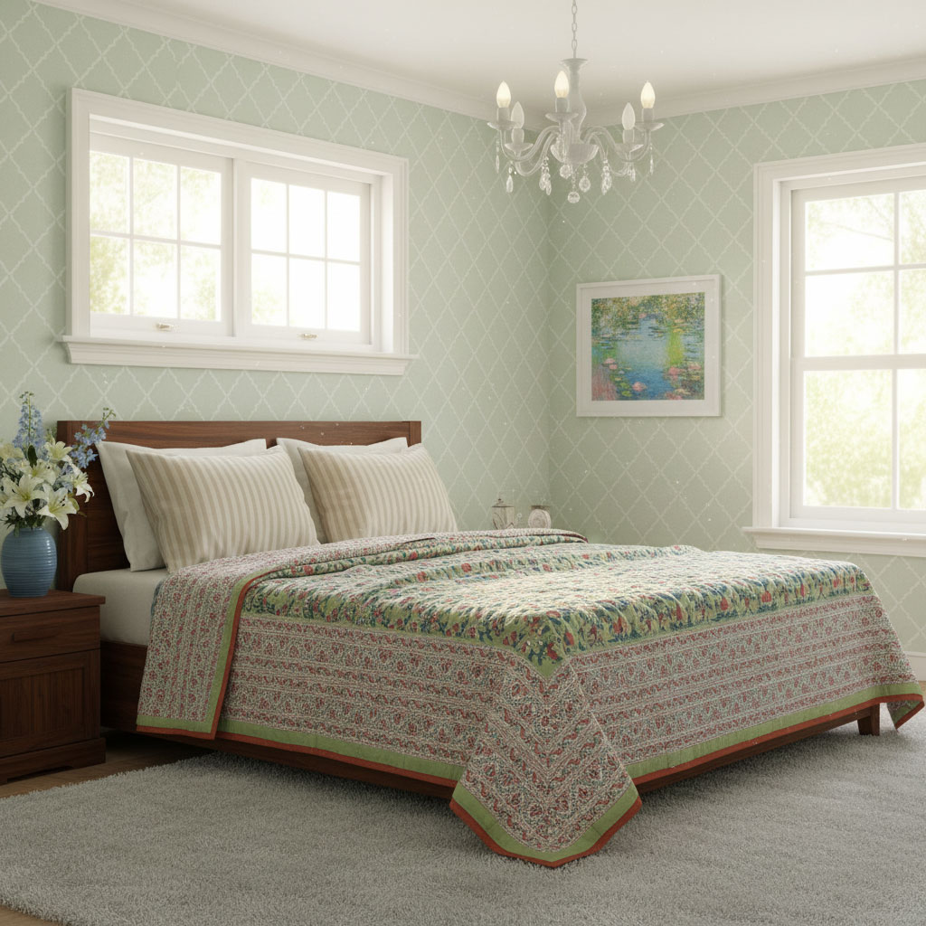 Hand Block Printed Cotton Queen Size Quilt Rukhsana Jade Gud 204222