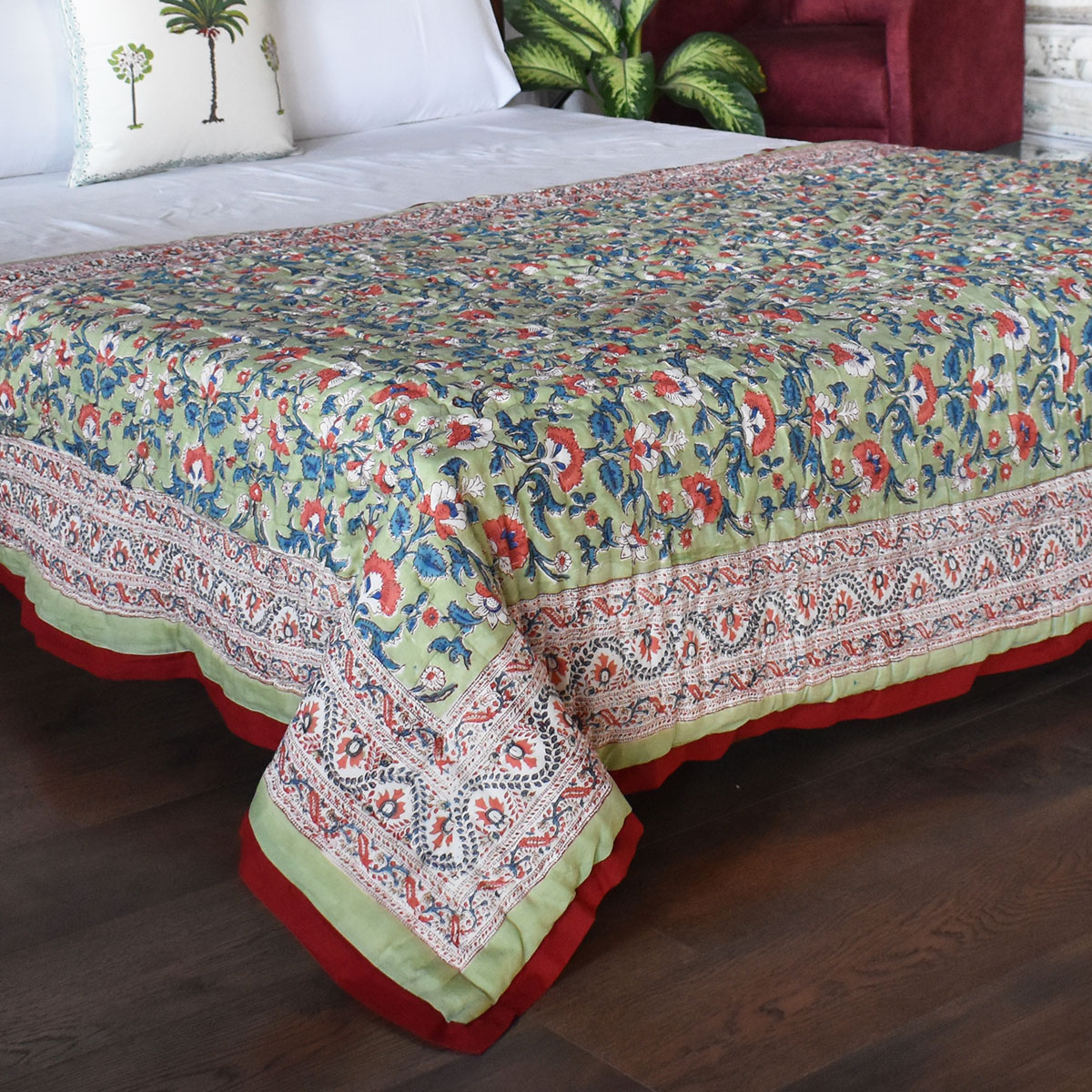 Hand Block Printed Cotton Twin Size Quilt Rukhsana Jade Gud 204222