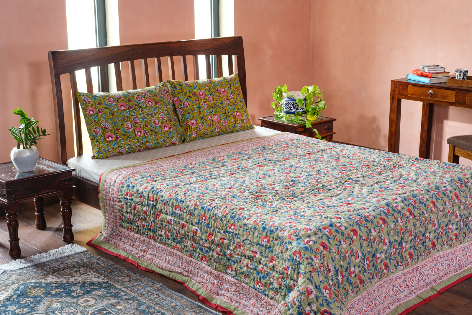 Hand Block Printed Cotton Queen Size Quilt Rukhsana Jade Gud 204222